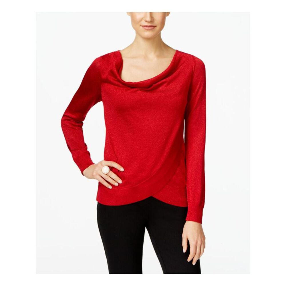 INC Womens Red Glitter Sheer Long Sleeve Cowl Neck Faux Wrap Party Top Size: M